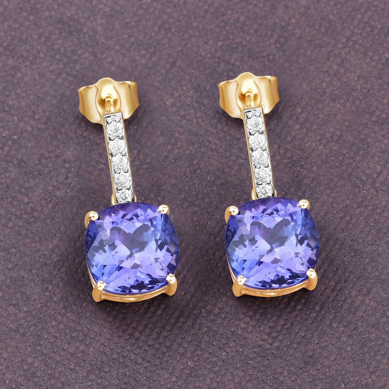 5.64 Carat Genuine Tanzanite and White Diamond 14K Yellow Gold Earrings