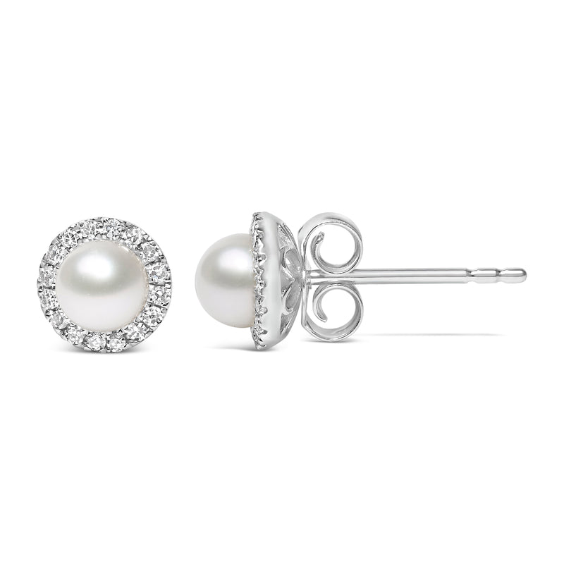 10K White Gold 4.5mm Cultured Freshwater Pearl and 1/7 Cttw Diamond Halo Stud Earring (I-J Color, I1-I2 Clarity)