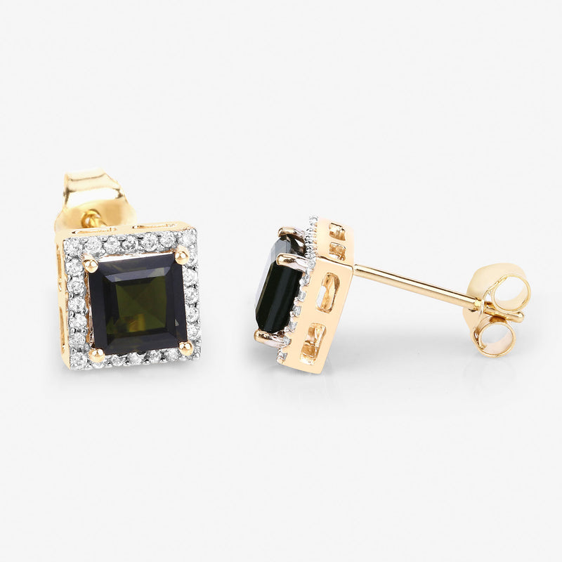 1.55 Carat Genuine Green Tourmaline and White Diamond 14K Yellow Gold Earrings