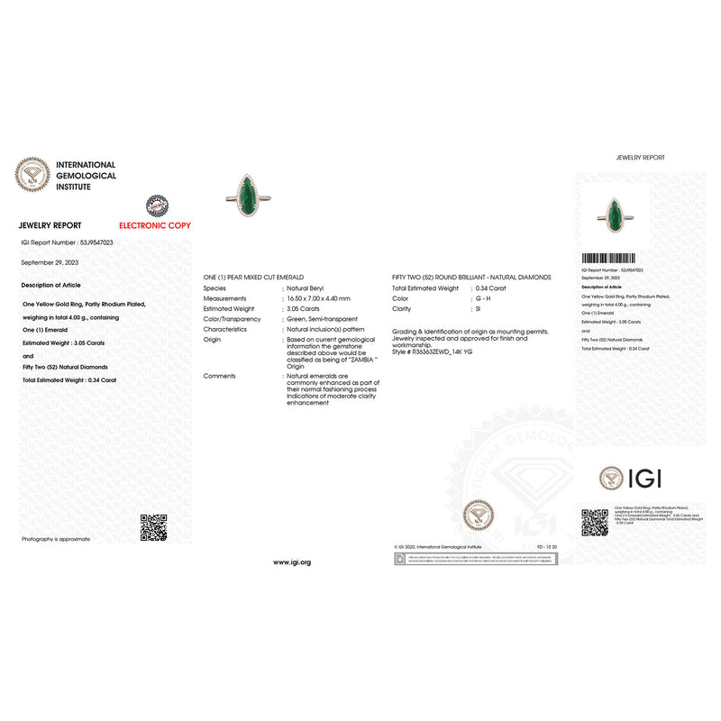 IGI Certified 3.39 Carat Genuine Zambian Emerald and White Diamond 14K Yellow Gold Ring