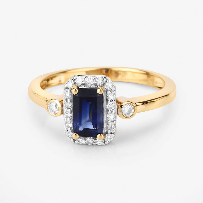 1.08 Carat Genuine Blue Sapphire and White Diamond 14K Yellow Gold Ring