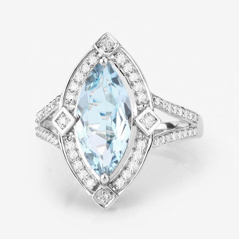 2.44 Carat Genuine Aquamarine and White Diamond 14K White Gold Ring