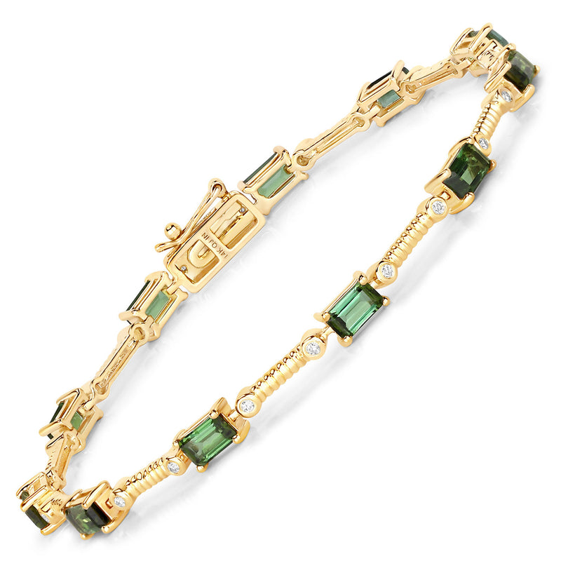 3.22 Carat Genuine Green Tourmaline and White Diamond 14K Yellow Gold Bracelet