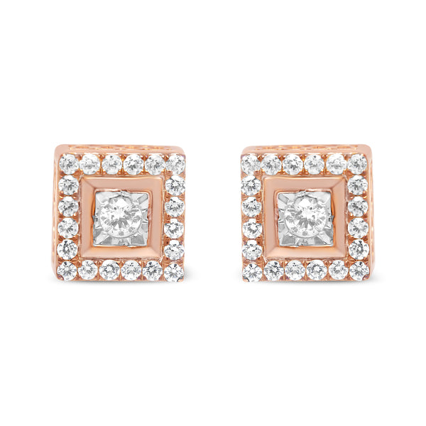 14K Rose Gold Plated .925 Sterling Silver 1/2 Cttw Diamond Halo Square-Shaped Frame Stud Earring (I-J Color, I3 Clarity)