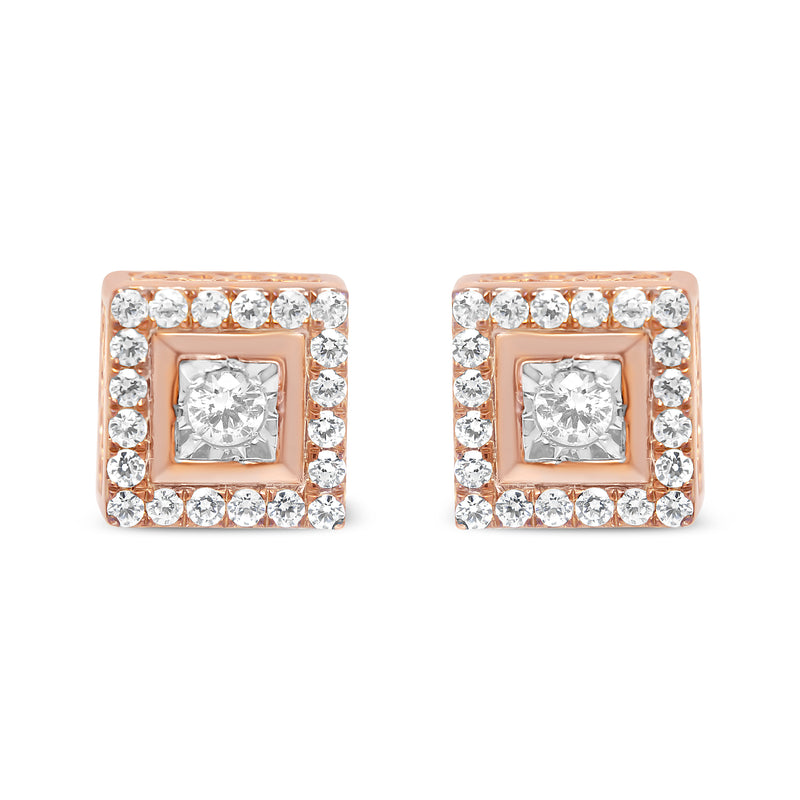 14K Rose Gold Plated .925 Sterling Silver 1/2 Cttw Diamond Halo Square-Shaped Frame Stud Earring (I-J Color, I3 Clarity)