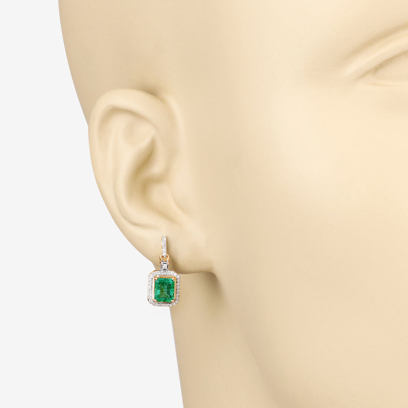 1.78 Carat Genuine Emerald and White Diamond 14K Yellow Gold Earrings