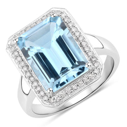 5.81 Carat Genuine Blue Topaz and White Diamond .925 Sterling Silver Ring