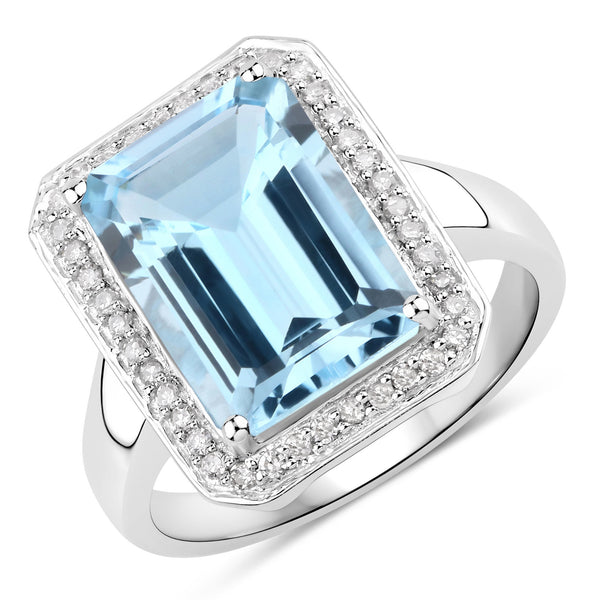 5.81 Carat Genuine Blue Topaz and White Diamond .925 Sterling Silver Ring