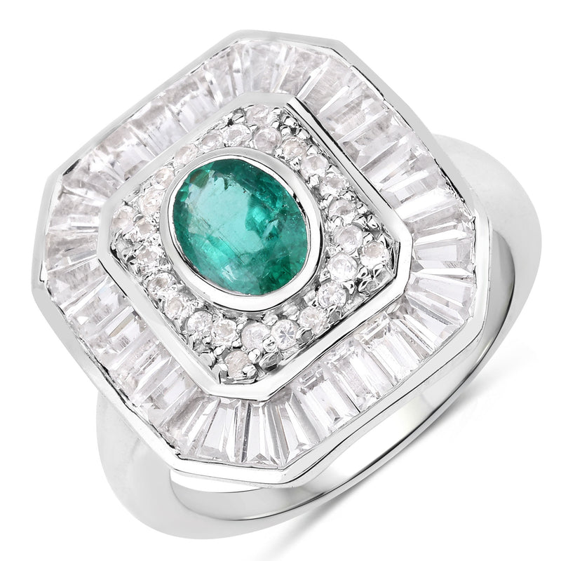 3.14 Carat Genuine Zambian Emerald and White Topaz .925 Sterling Silver Ring