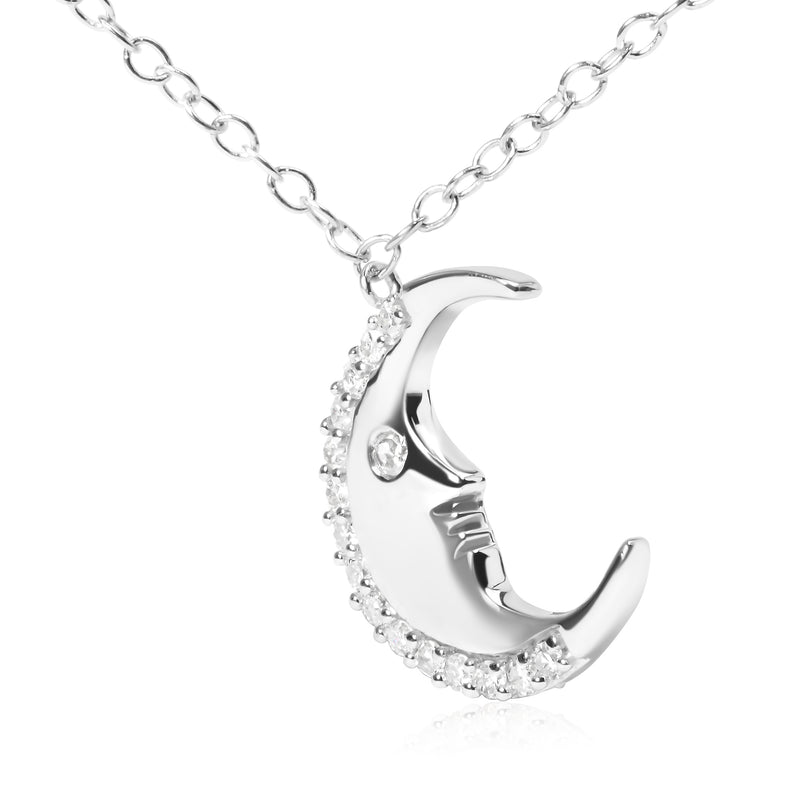 925 Sterling Silver 1/10ct Diamond Crescent Man on the Moon 18" Pendant Necklace  (H-I Color, SI1-SI2 Clarity)