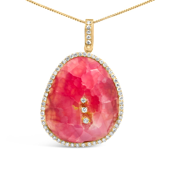 18K Yellow Gold 42.0 Cttw Pink Quartz Crystal Geode and 1.0 Cttw Diamond Halo 18" Pendant Necklace (F-G Color, VS1-VS2 Clarity)