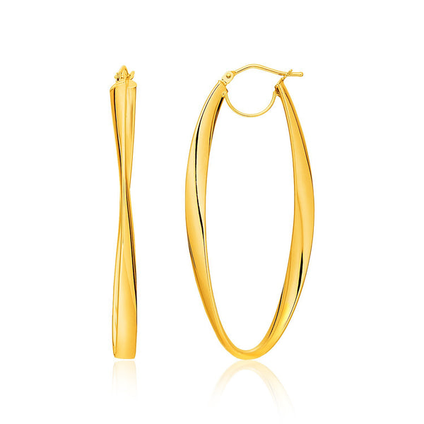 14k Yellow Gold Twist Motif Oval Shape Hoop Earrings