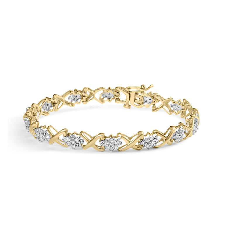 10k Yellow Gold 2.00 Cttw Diamond Cluster and Alternating "X" Link Bracelet (I-J Color, I3 Clarity) - 7"