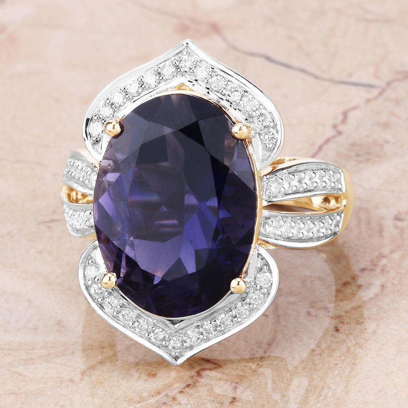 7.25 Carat Genuine Iolite and White Diamond 14K Yellow Gold Ring