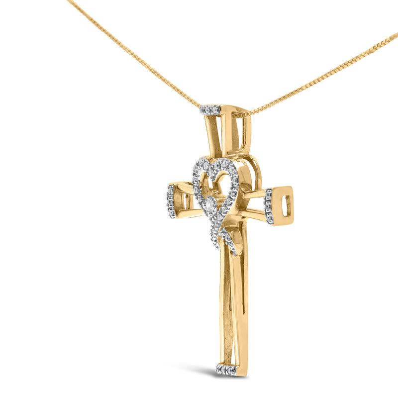 14K Yellow Gold Plated .925 Sterling Silver 1/6 Cttw Diamond Interlocking Heart and Ribbon Cross Pendant Necklace (H-I Color, I2-I3 Clarity) - 18" Inches