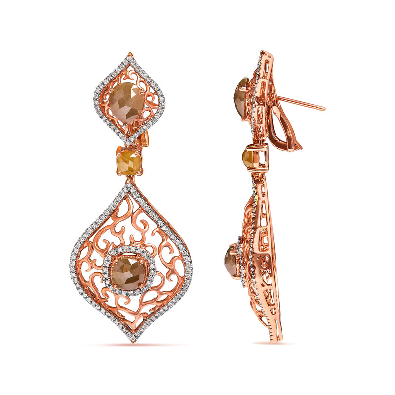 14K Rose Gold 6 7/8 Cttw Rose Cut Diamond Double Curve Rhombus Drop and Dangle Earring (Fancy Color, I2-I3 Clarity)