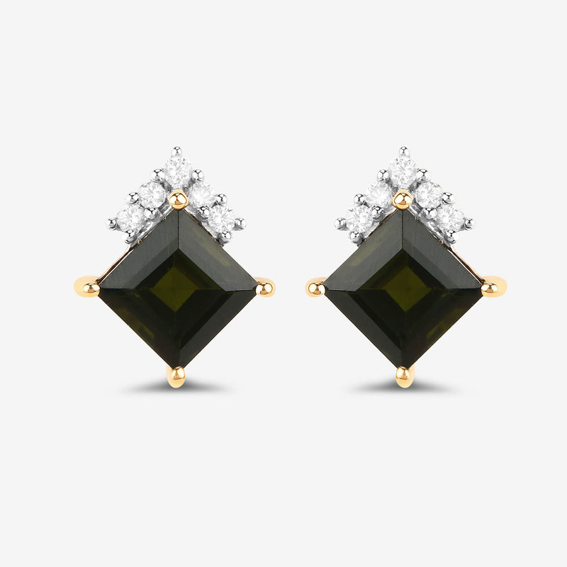 1.66 Carat Genuine Green Tourmaline and White Diamond 14K Yellow Gold Earrings