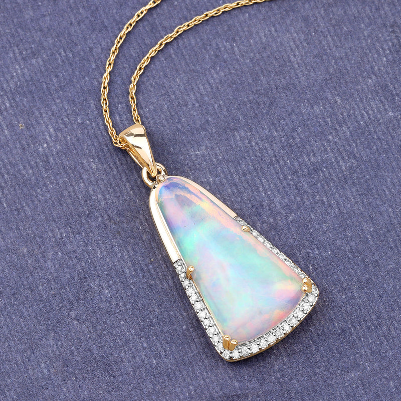 4.20 Carat Genuine Ethiopian Opal and White Diamond 14K Yellow Gold Pendant