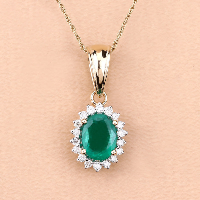 1.43 Carat Genuine Zambian Emerald and White Diamond 14K Yellow Gold Pendant