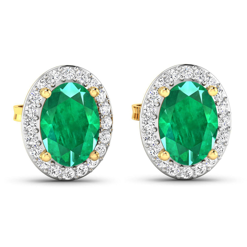 1.70 Carat Genuine Zambian Emerald and White Diamond 14K Yellow Gold Earrings