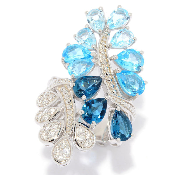 925 Sterling Silver London, Sky And Swiss Blue Topaz, White Natural Zircon Ring