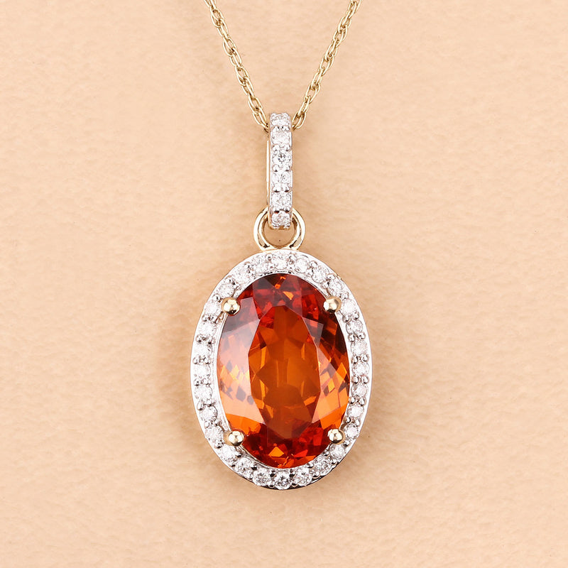 4.83 Carat Genuine Spessartite Garnet and White Diamond 14K Yellow Gold Pendant