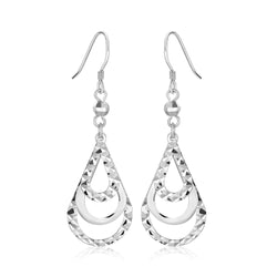 Sterling Silver Textured Graduated Open Teardrop Dangling Style Earrings