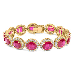 14K Yellow Gold 6 2/5 Cttw Diamond and 34.0 Cttw Oval Red Ruby Halo Link Bracelet (I-J Color, SI1-SI2 Clarity) - 7.25" Inches