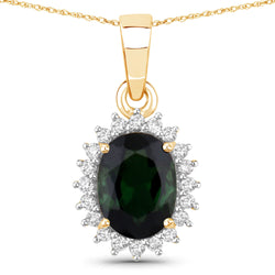 1.39 Carat Genuine Green Tourmaline and White Diamond 14K Yellow Gold Pendant