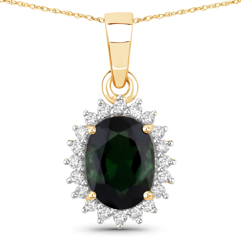 1.39 Carat Genuine Green Tourmaline and White Diamond 14K Yellow Gold Pendant