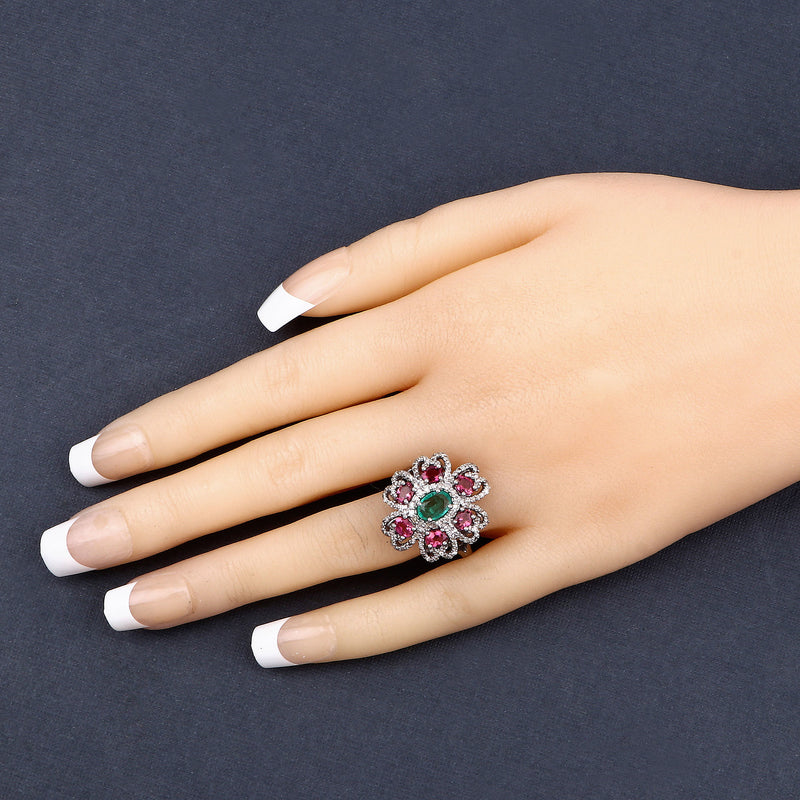 2.53 Carat Genuine Pink Tourmaline, Emerald and White Diamond .925 Sterling Silver Ring