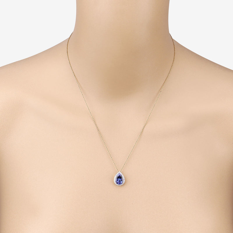 3.10 Carat Genuine Tanzanite and White Diamond 14K Yellow Gold Pendant