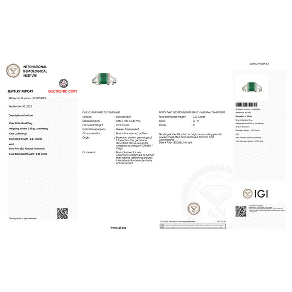 IGI Certified 2.44 Carat Genuine Zambian Emerald and White Diamond 14K White Gold Ring