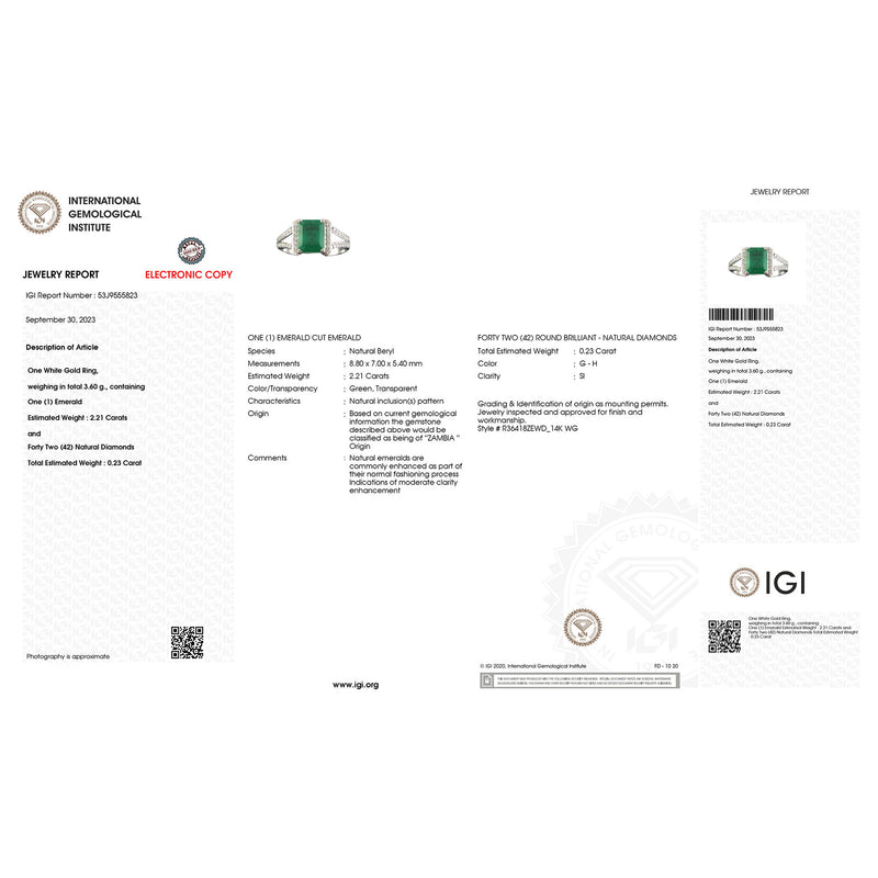 IGI Certified 2.44 Carat Genuine Zambian Emerald and White Diamond 14K White Gold Ring