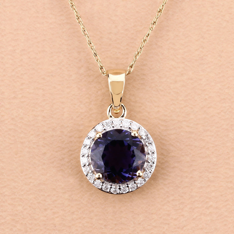 1.71 Carat Genuine Iolite and White Diamond 14K Yellow Gold Pendant