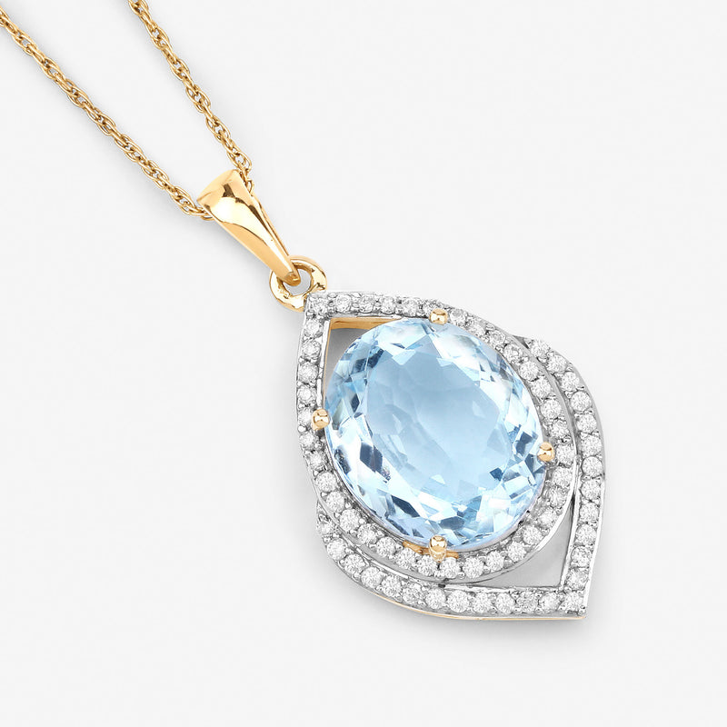 3.82 Carat Genuine Aquamarine and White Diamond 14K Yellow Gold Pendant