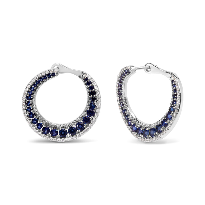 .925 Sterling Silver 2 3/4 Cttw Created Blue Sapphire Crescent Moon Disc Style Hoop Earrings - AAA Quality