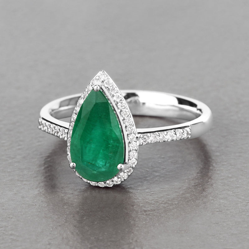 IGI Certified 1.98 Carat Genuine Zambian Emerald and White Diamond 14K White Gold Ring