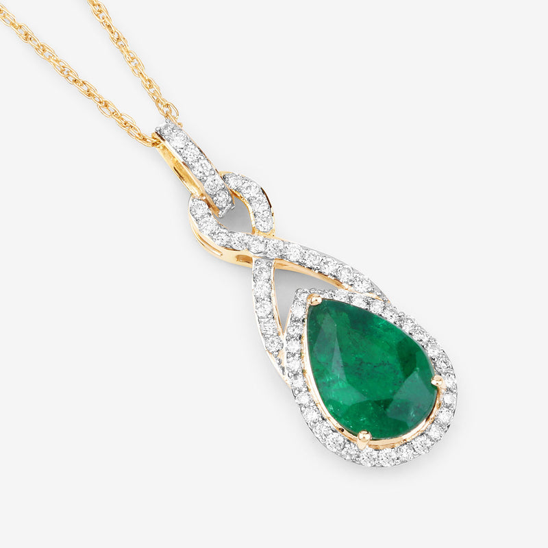 IGI Certified 1.75 Carat Genuine Zambian Emerald and White Diamond 14K Yellow Gold Pendant