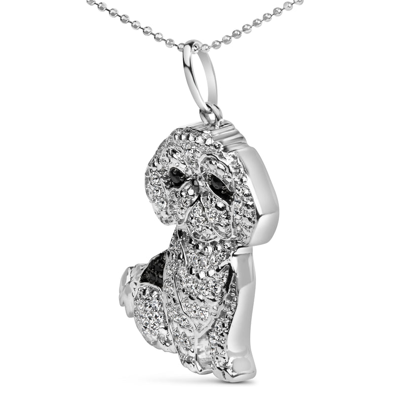 .925 Sterling Silver 1/2 Cttw White and Black Diamond Shih Tzu Dog 18" Pendant Necklace (I-J Color, I2-I3 Clarity)