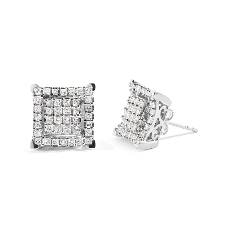 10K White Gold 1 1/4 Cttw Princess Diamond Composite Double Square and Halo Stud Earrings (I-J Color, I1-I2 Clarity)