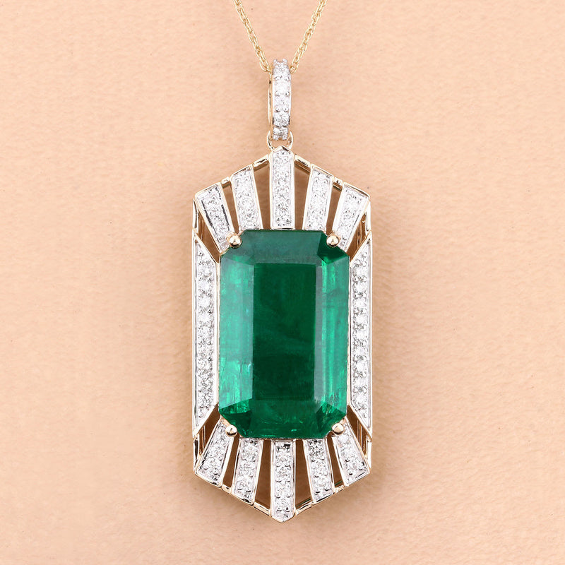 IGI Certified 19.34 Carat Genuine Zambian Emerald and White Diamond 14K Yellow Gold Pendant