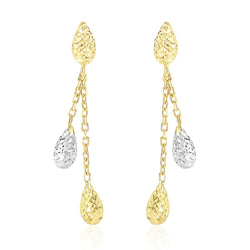 14k Two-Tone Gold Double Row Chain Earrings with Diamond Cut Teardrops