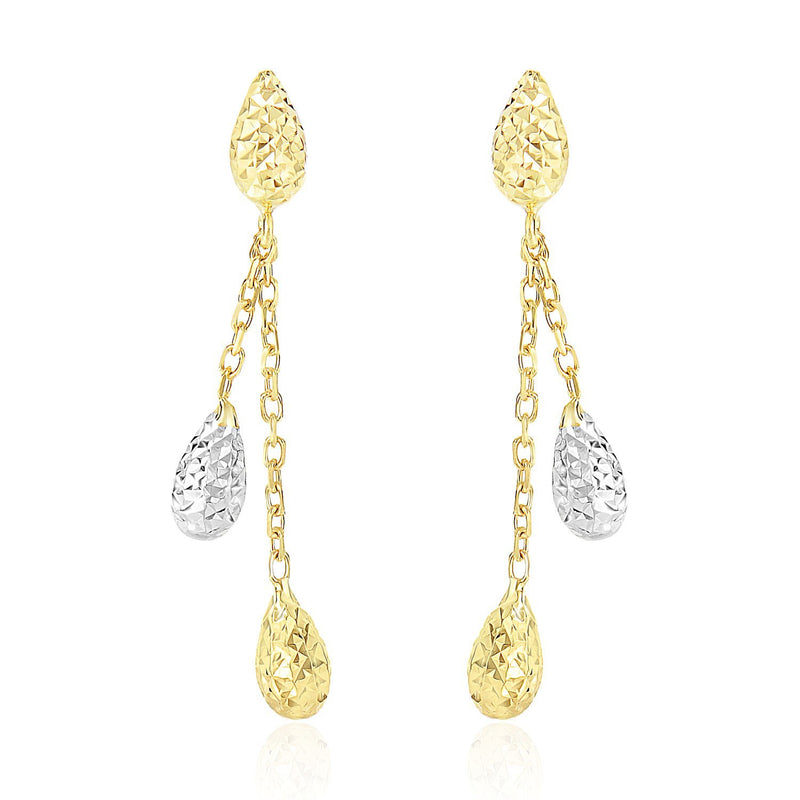 14k Two-Tone Gold Double Row Chain Earrings with Diamond Cut Teardrops