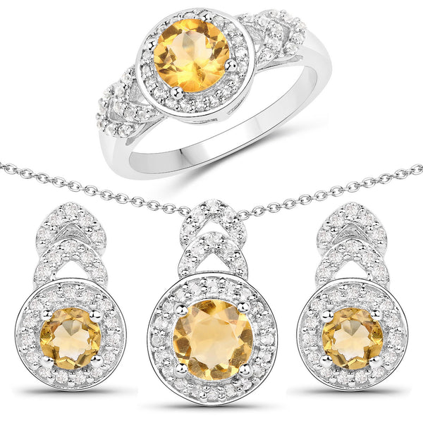 2.60 Carat Genuine Citrine and White Topaz .925 Sterling Silver Jewelry Set