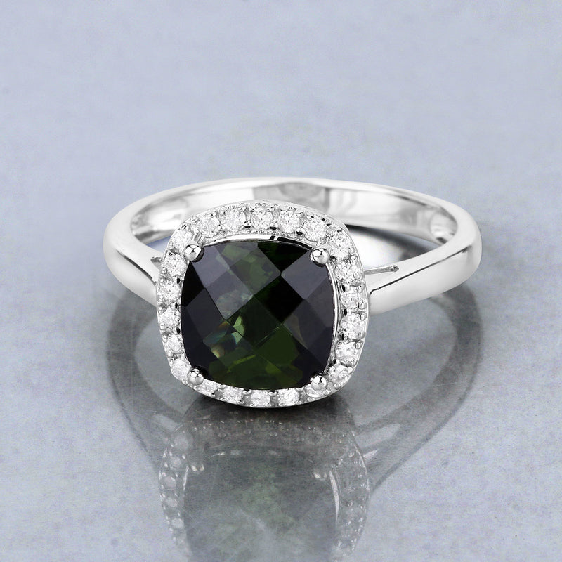 2.64 Carat Genuine Green Tourmaline and White Diamond 14K White Gold Ring