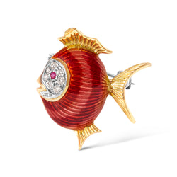 18K Yellow Gold Diamond and Pink Sapphire Parrot Fish Red Enamel Brooches Pins (H-I Color, VS2-SI1 Clarity)