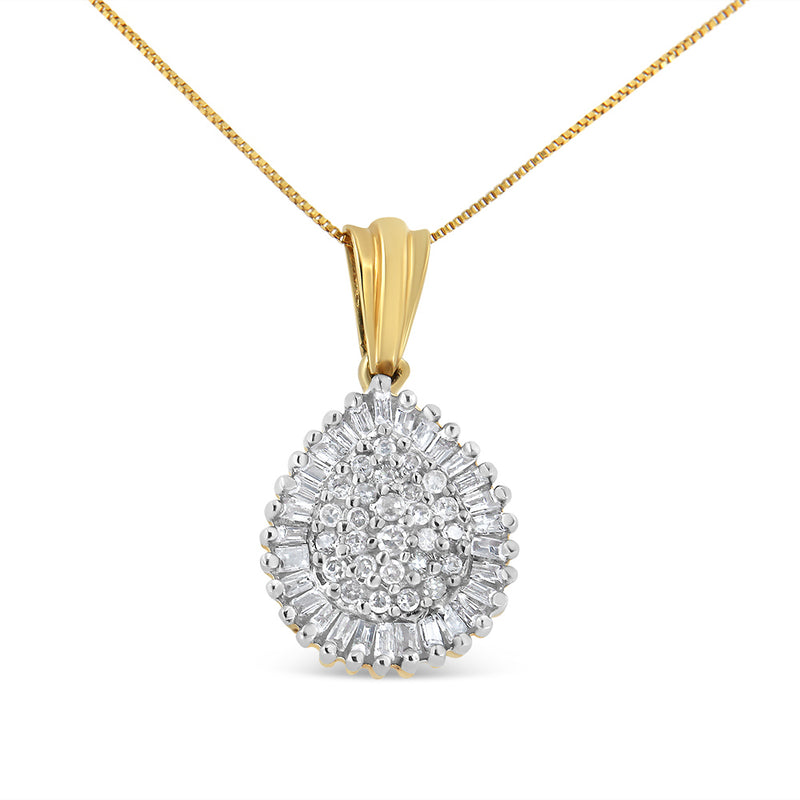 10K Yellow Gold 1/2 Cttw Round and Baguette Cut Diamond Oval Burst 18" Pendant Necklace (J-K Color, I1-I2 Clarity)