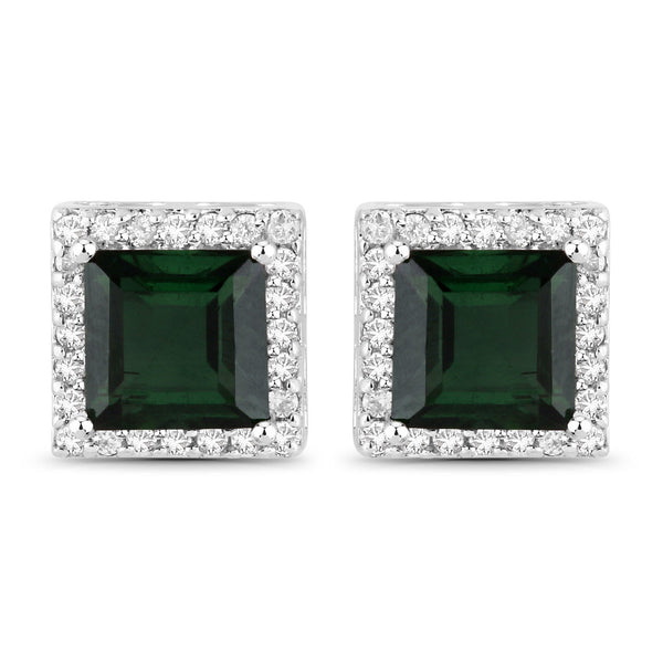 1.55 Carat Genuine Green Tourmaline and White Diamond 14K White Gold Earrings