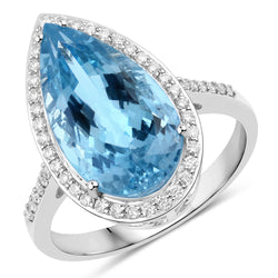 5.70 Carat Genuine Aquamarine and White Diamond 14K White Gold Ring